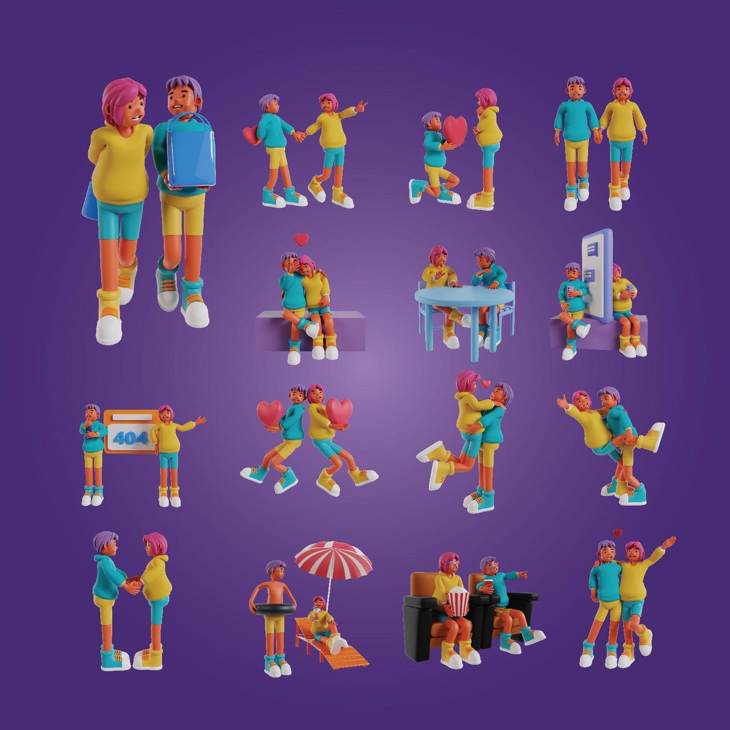 Retro Couple in Love 3d Icons Pack