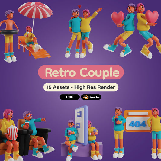 Retro Couple in Love 3d Icons Pack